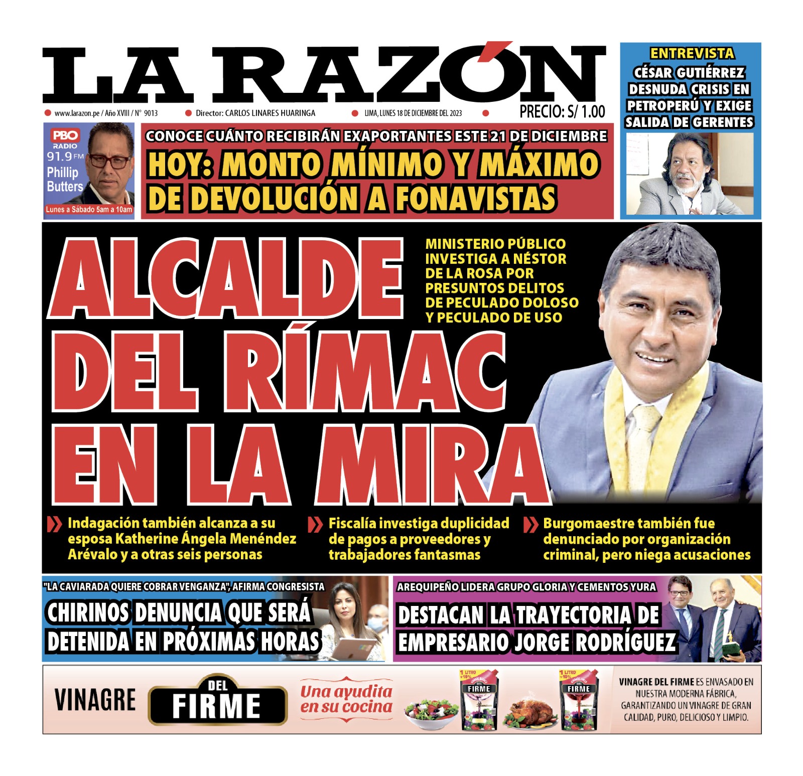 Portada Diario La Razón (18/12/2023)