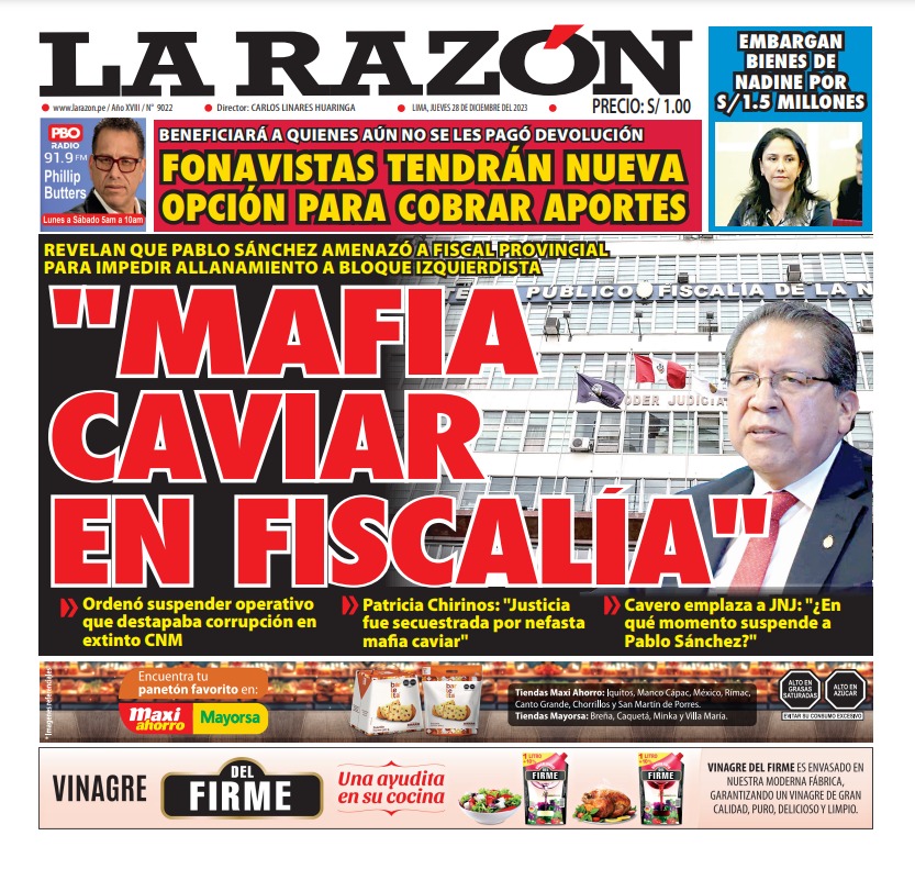 Portada Diario La Razón (28/12/2023)