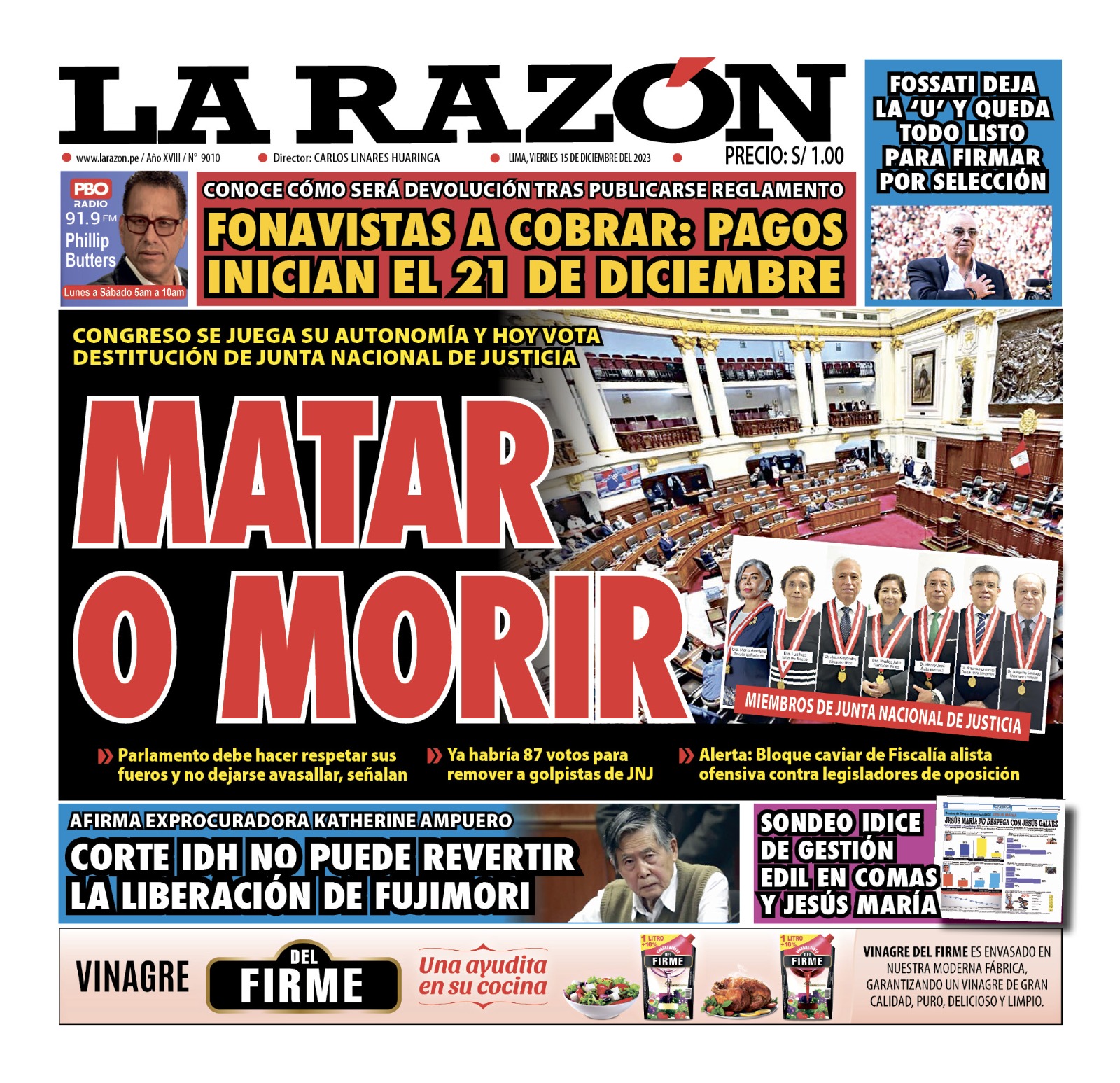 Portada Diario La Razón (15/12/2023)
