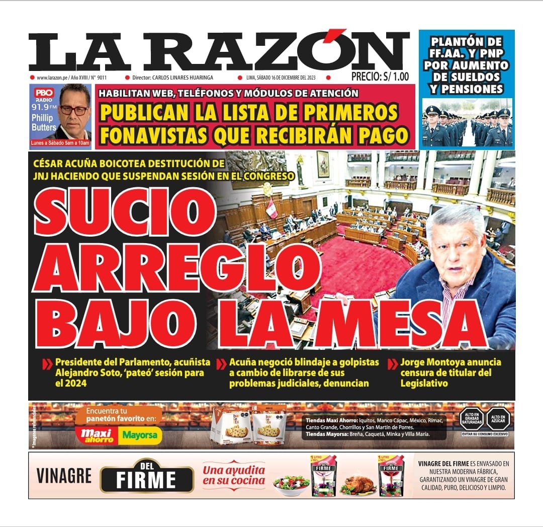 Portada Diario La Razón (16/12/2023)
