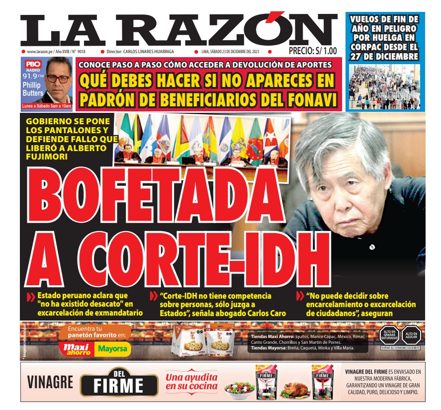 Portada Diario La Razón (23/12/2023)