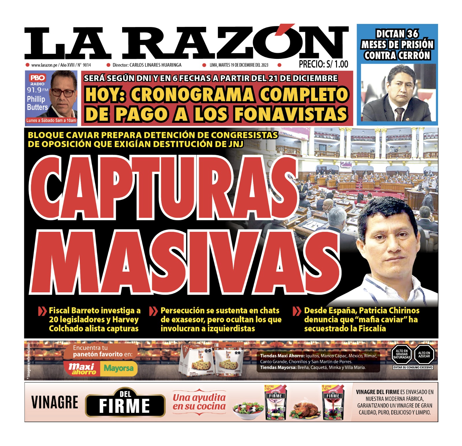 Portada Diario La Razón (19/12/2023)