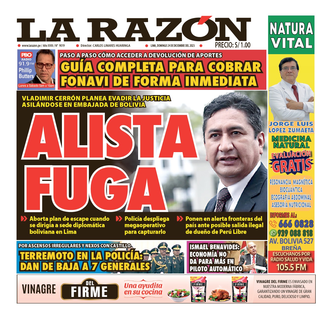 Portada Diario La Razón (24/12/2023)