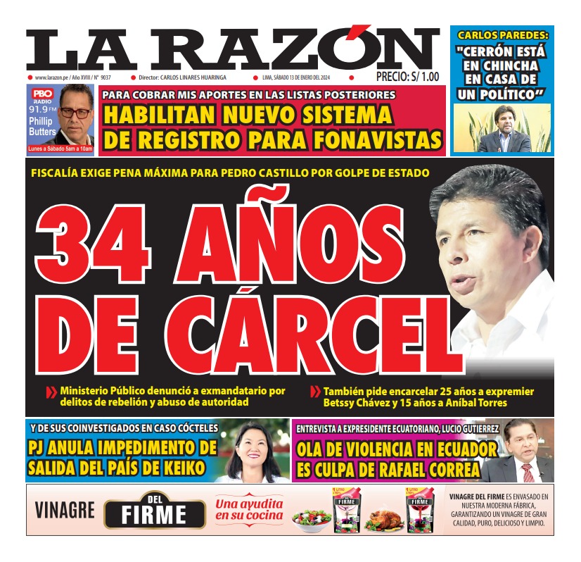 Portada Diario La Razón (13/01/2024)
