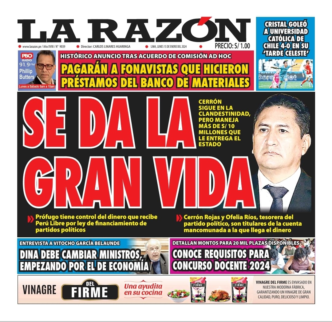 Portada Diario La Razón (15/01/2024)