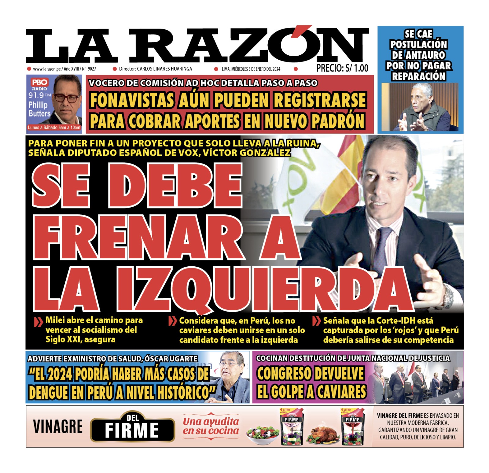 Portada Diario La Razón (03/01/2024)
