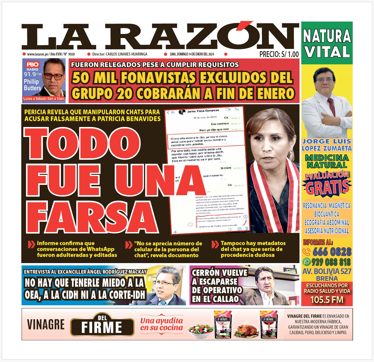 Portada Diario La Razón (14/01/2024)