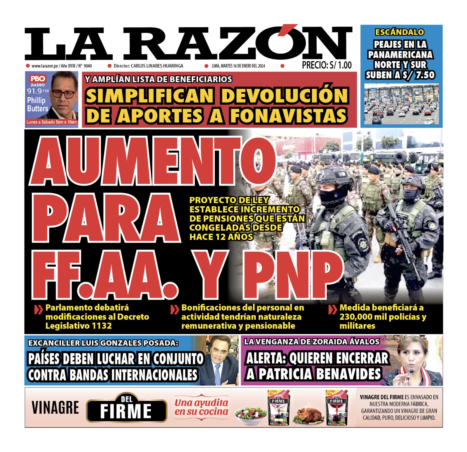 Portada Diario La Razón (16/01/2024)
