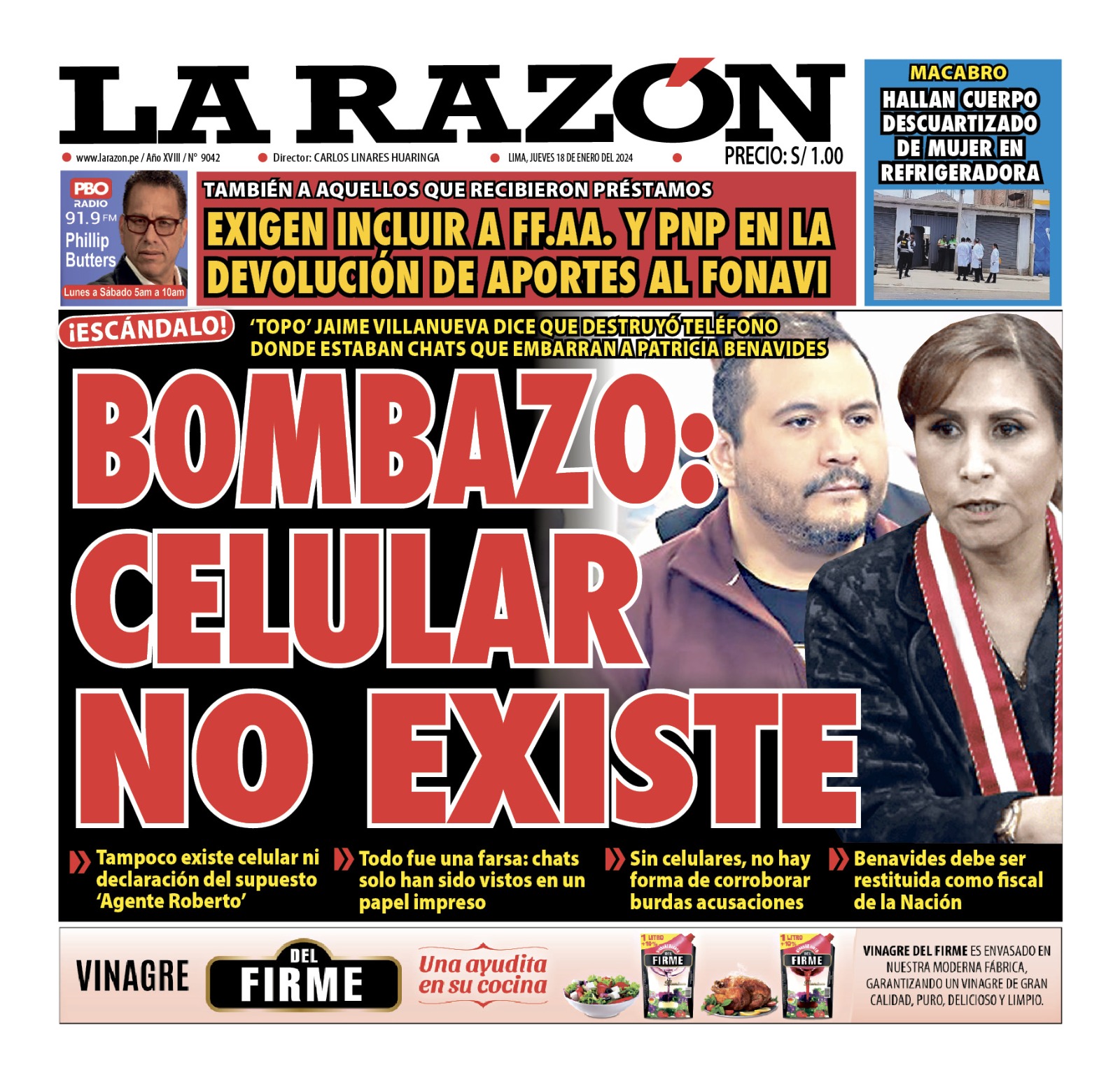 Portada Diario La Razón (18/01/2024)