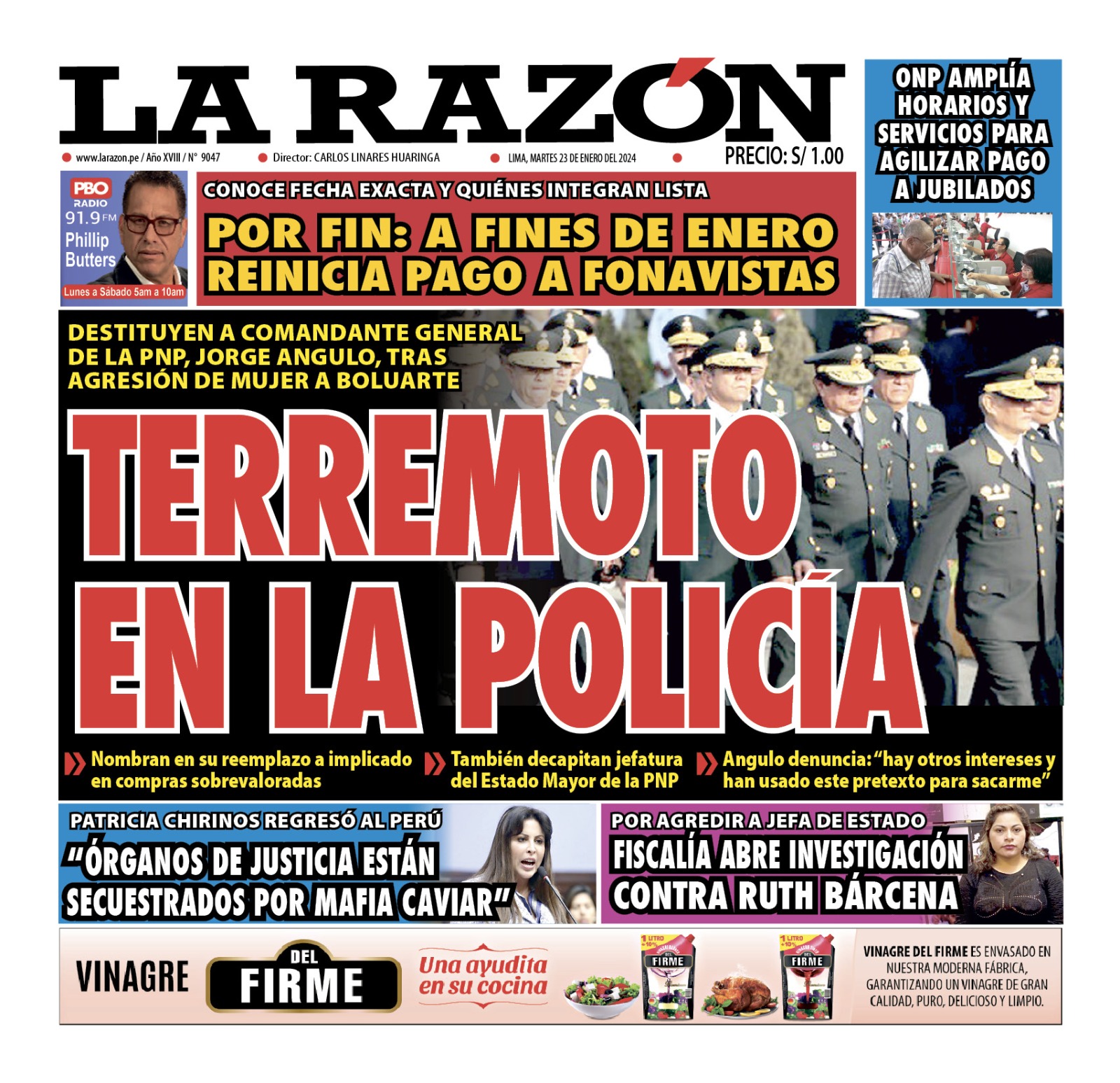 Portada Diario La Razón (23/01/2024)