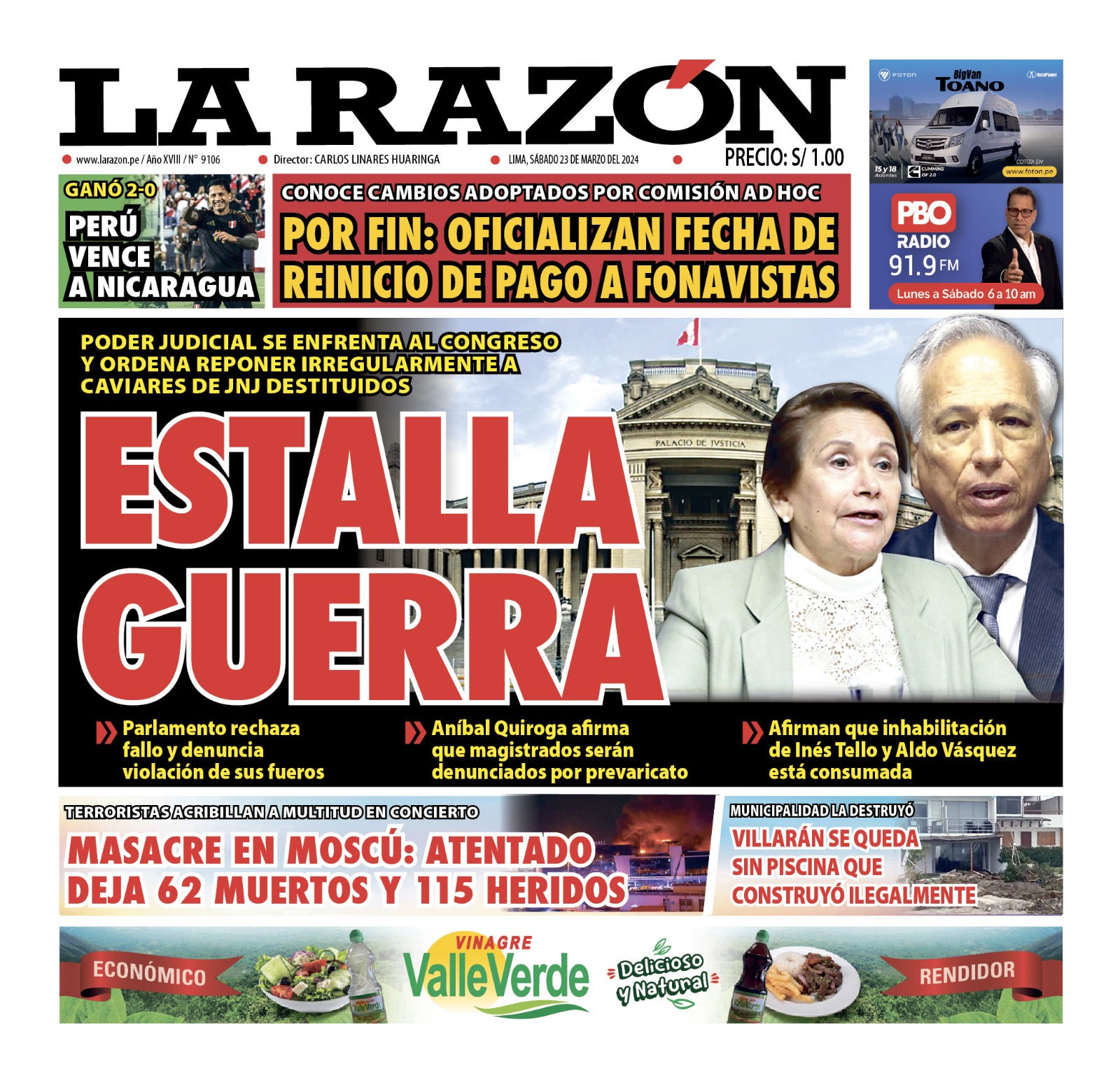Portada Diario La Razón (23/03/2024)