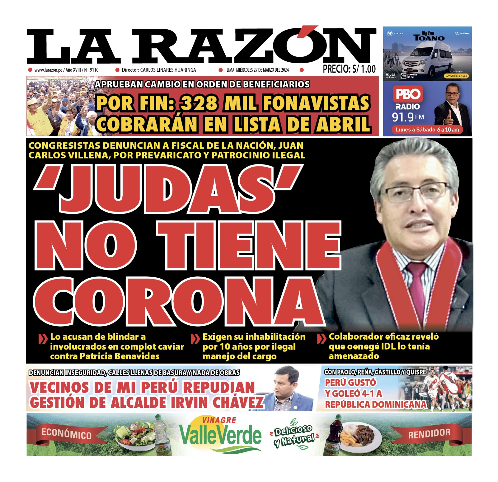 Portada Diario La Razón (27/03/2024)