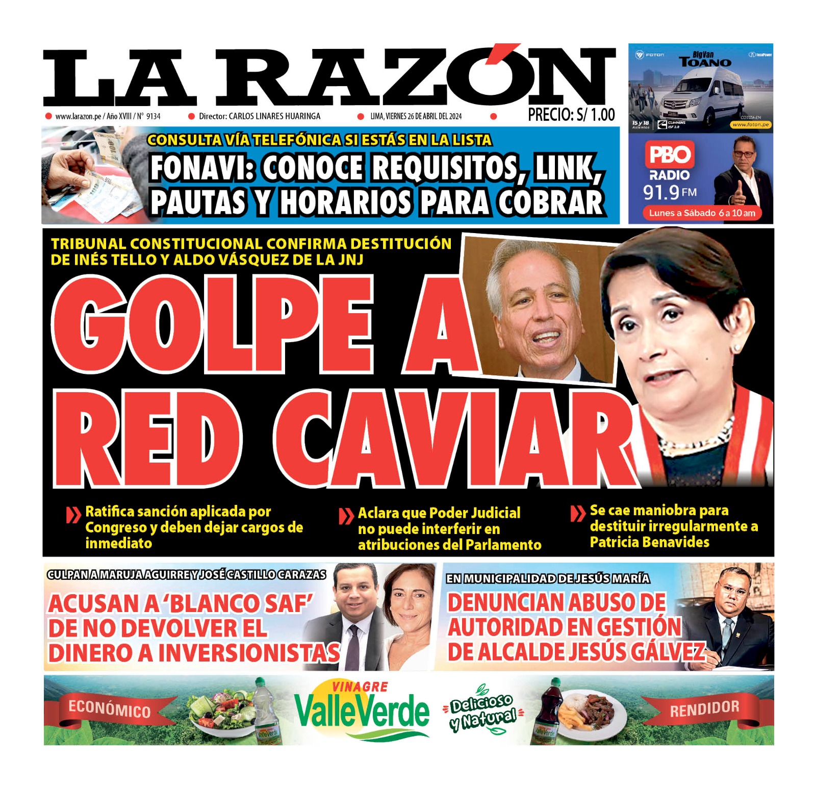 Portada Diario La Razón (26/04/2024)