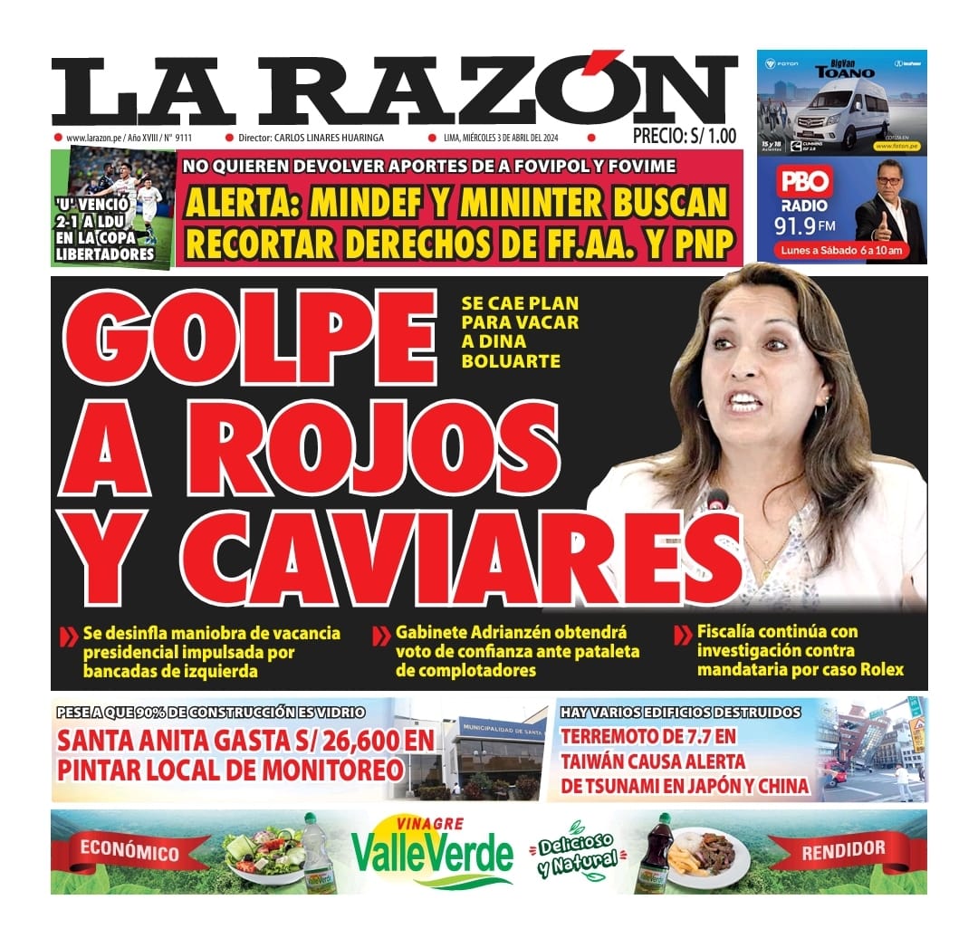 Portada Diario La Razón (03/04/2024)