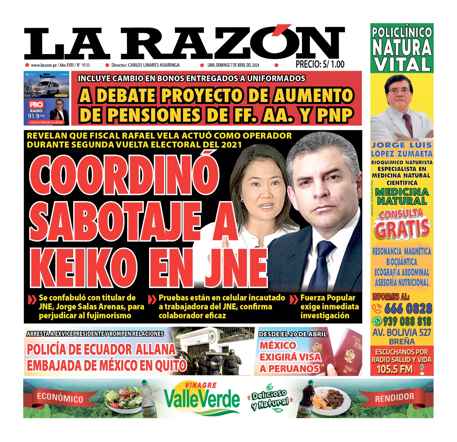 Portada Diario La Razón (07/04/2024)