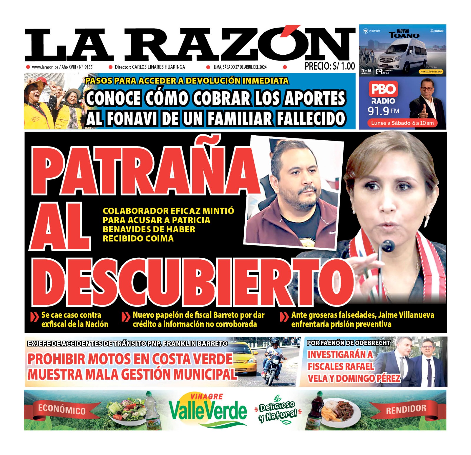 Portada Diario La Razón (26/04/2024)