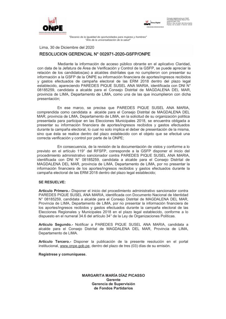 Resolución gerencial de ONPE que dispone inicio del procedimiento administrativo sancionador contra Susel Paredes.