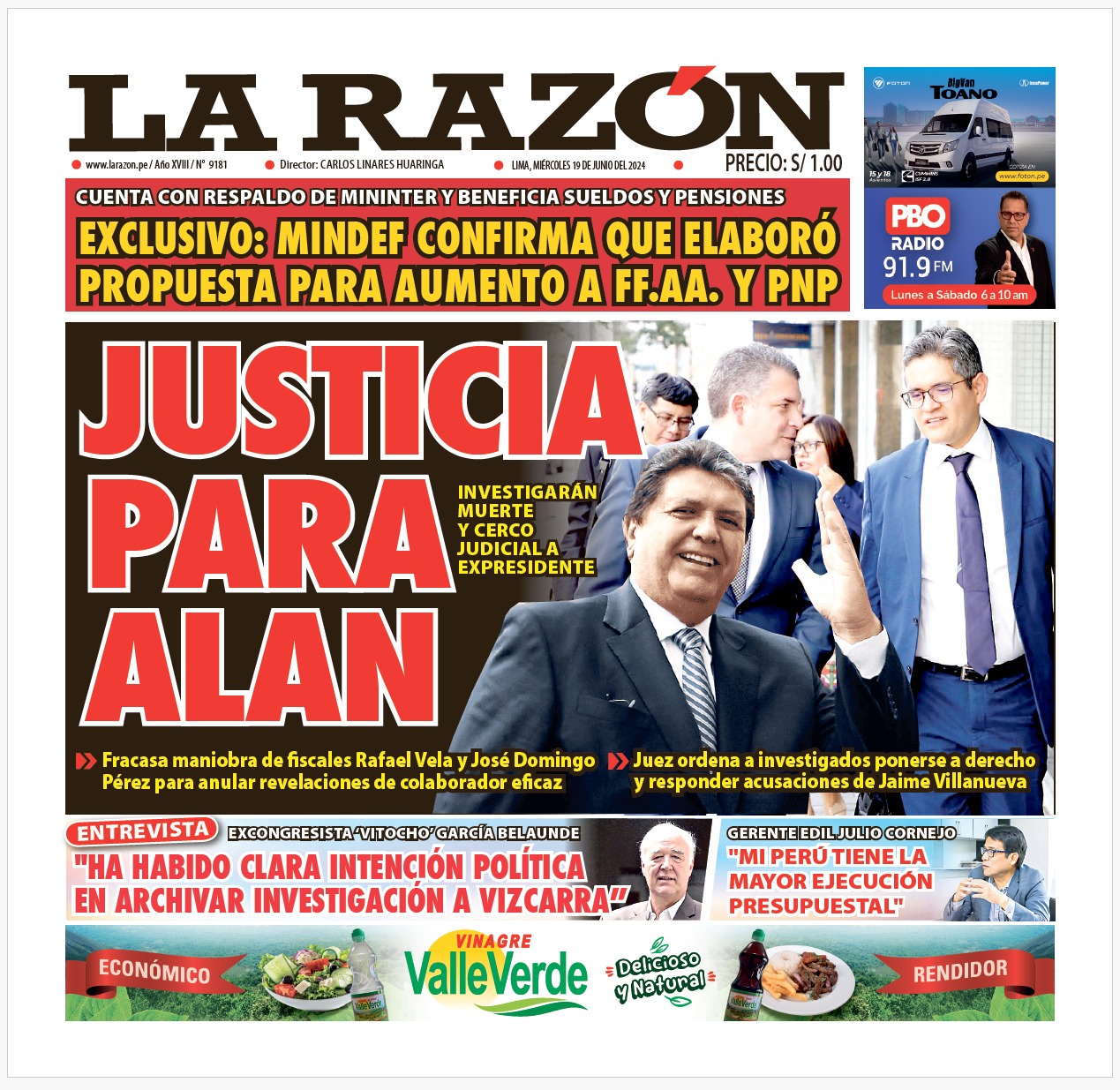Portada Diario La Razón (19/06/2024)