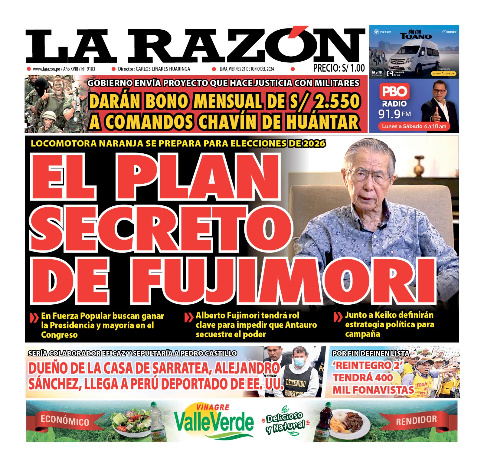 Portada Diario La Razón (21/06/2024)