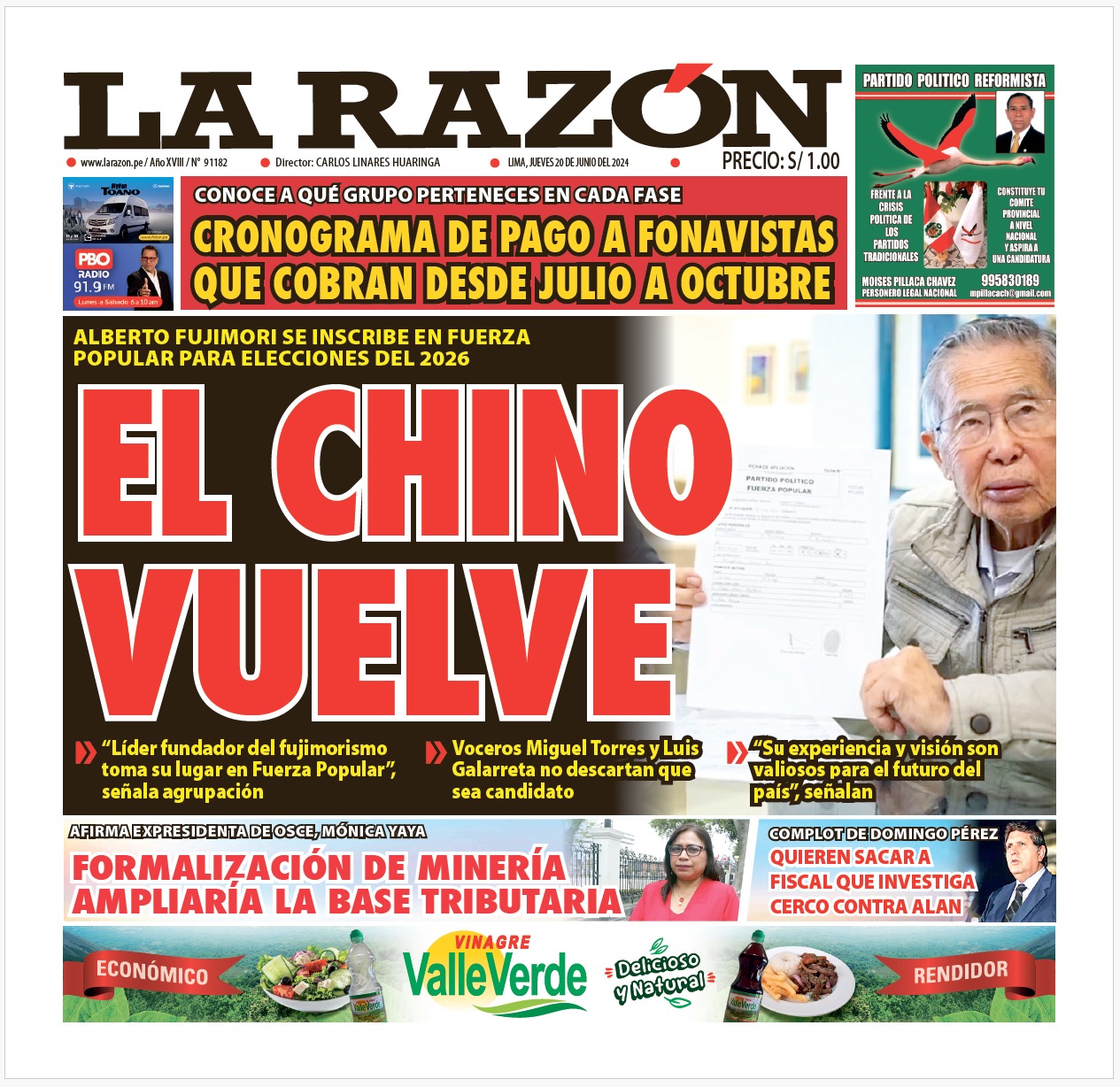 Portada Diario La Razón (20/06/2024)