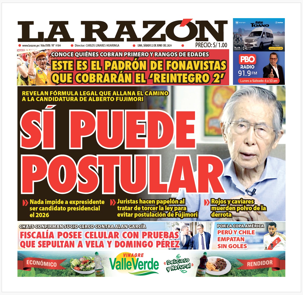 Portada Diario La Razón (22/06/2024)
