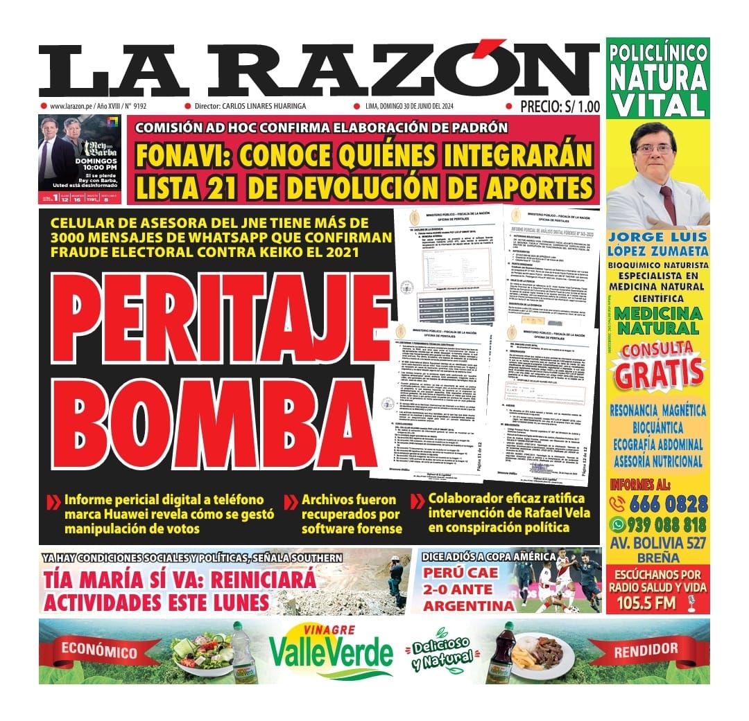 Portada Diario La Razón (30/06/2024)