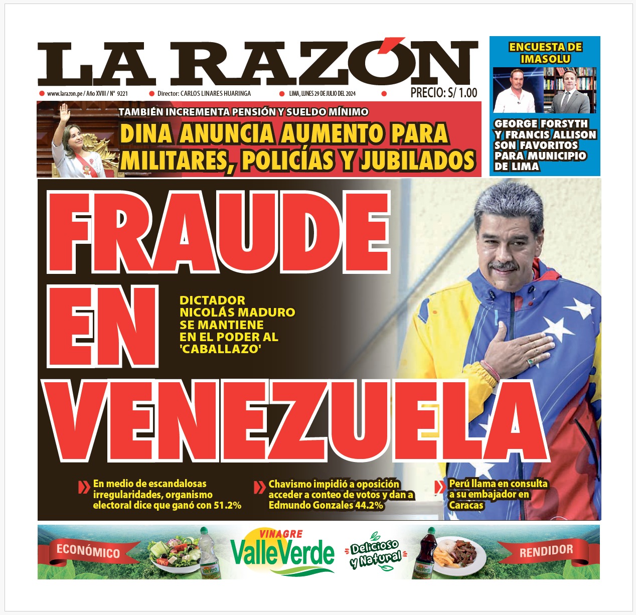 Portada Diario La Razón (29/07/2024)