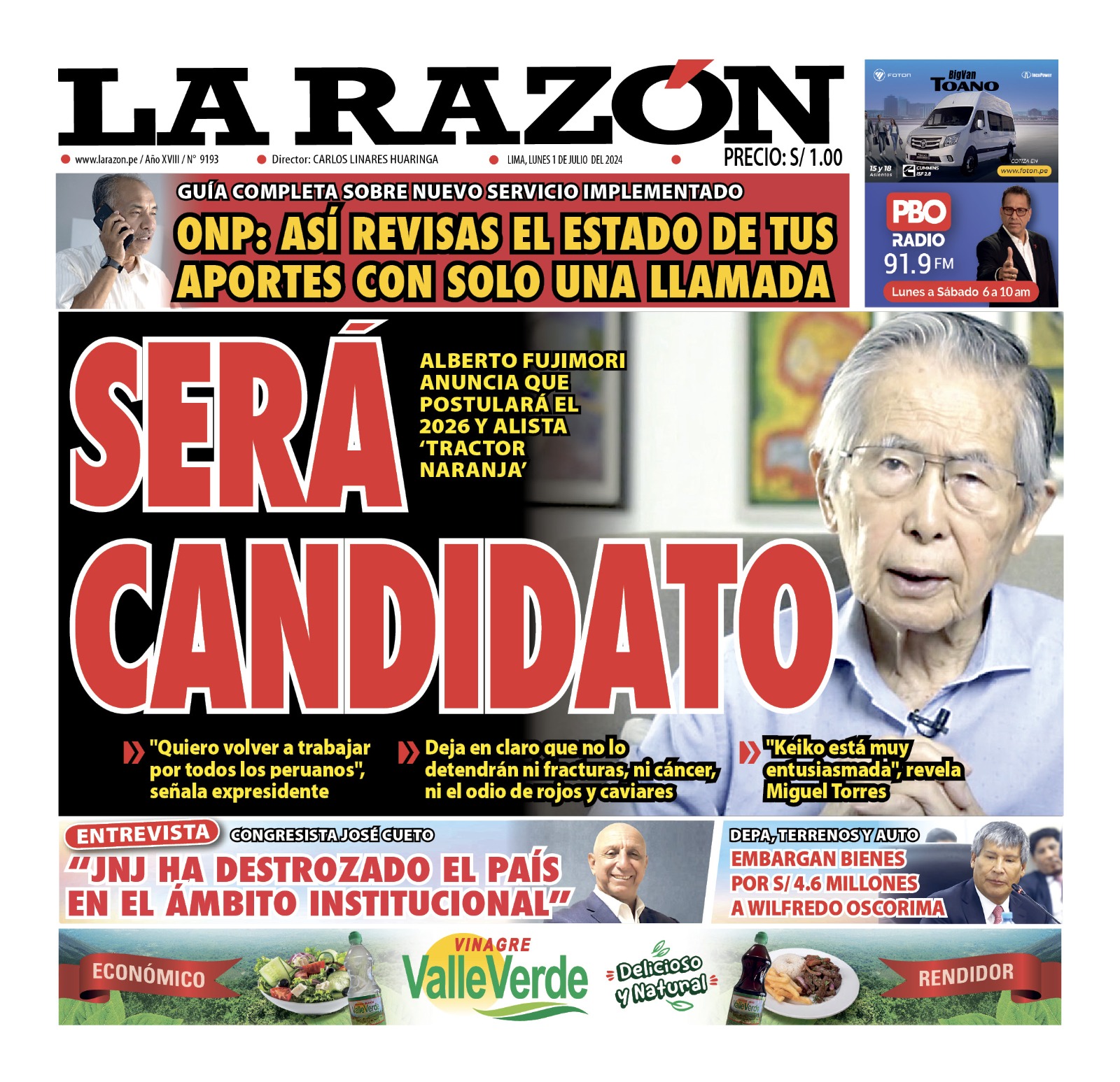 Portada Diario La Razón (01/07/2024)