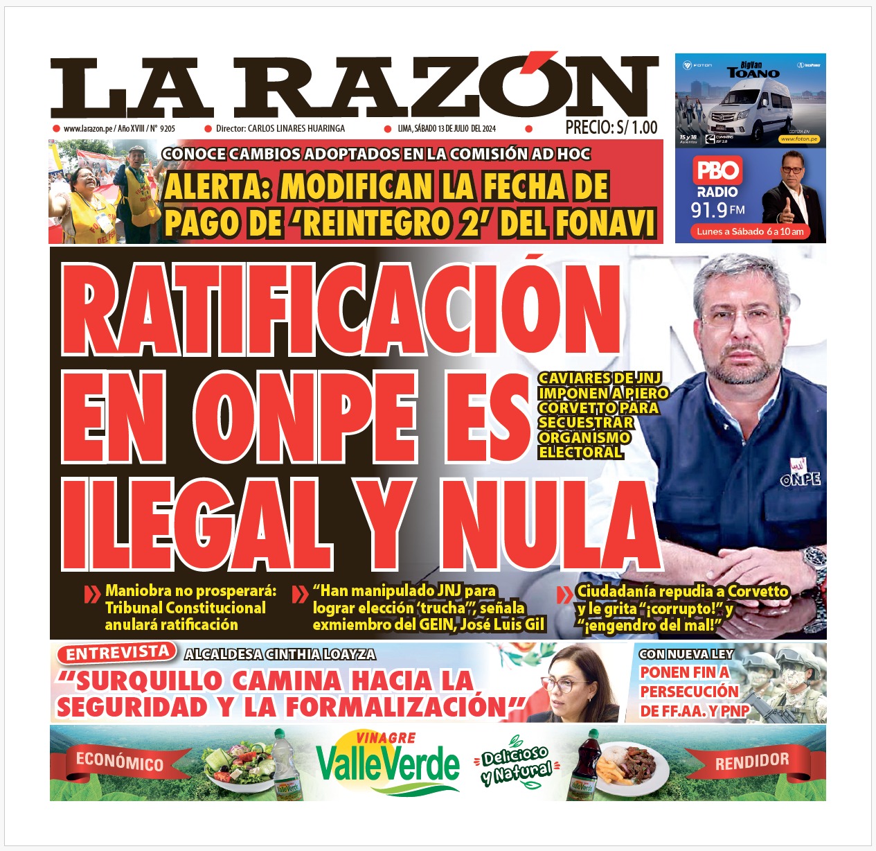 Portada Diario La Razón (13/07/2024)