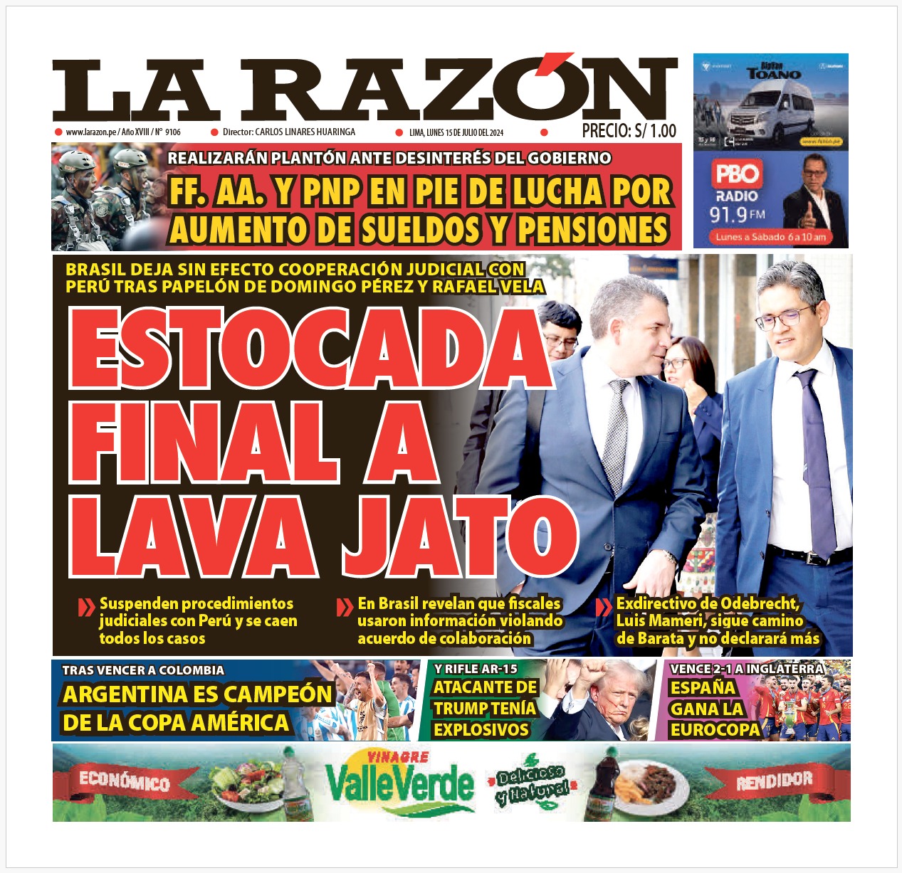 Portada Diario La Razón (15/07/2024)