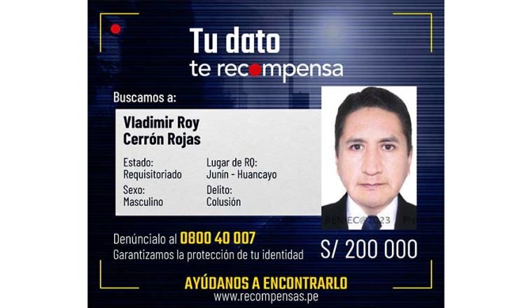 Ofrecen S/ 200 mil por información para capturar a Vladimir Cerrón