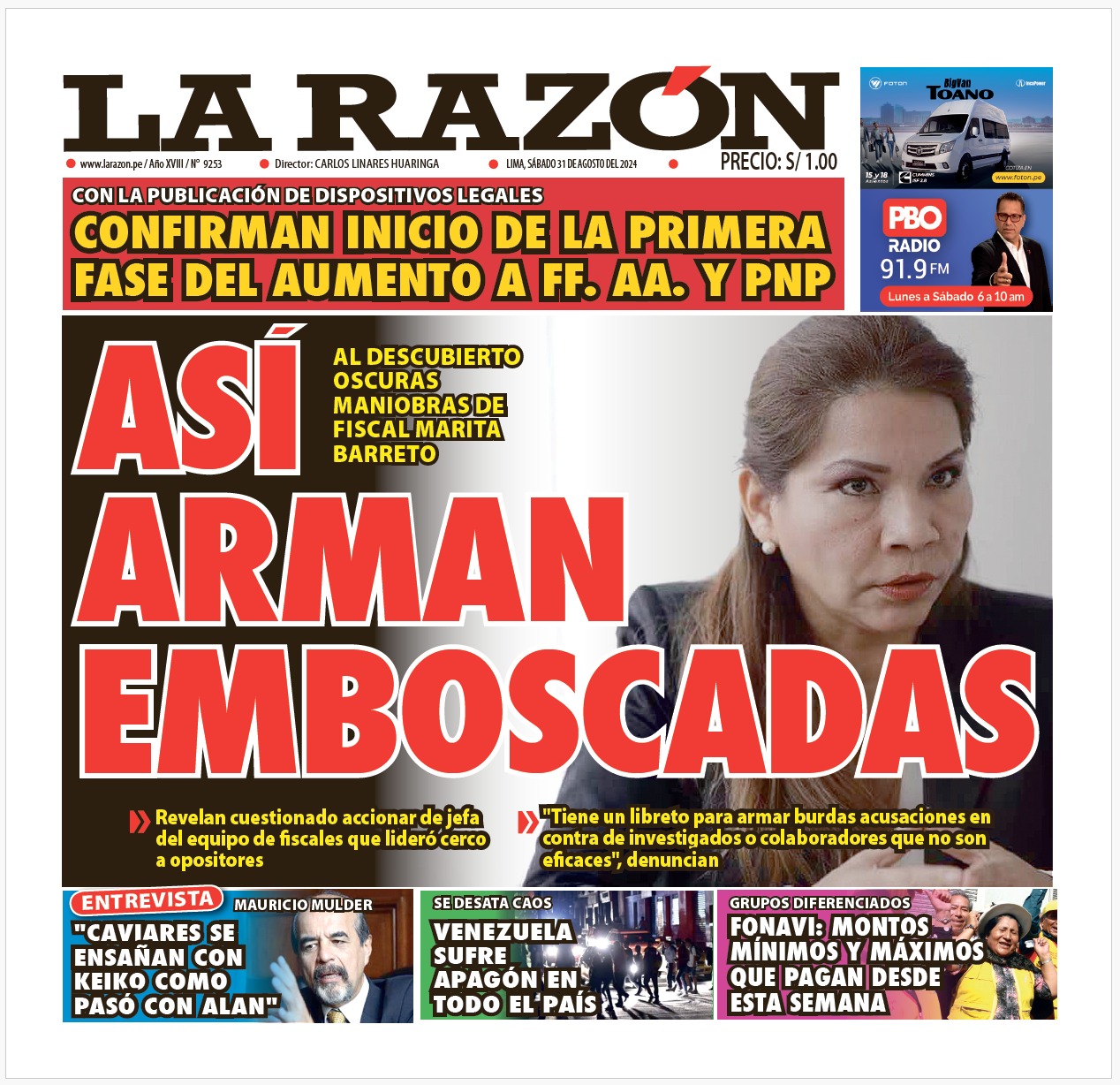 Portada Diario La Razón (31/08/2024)