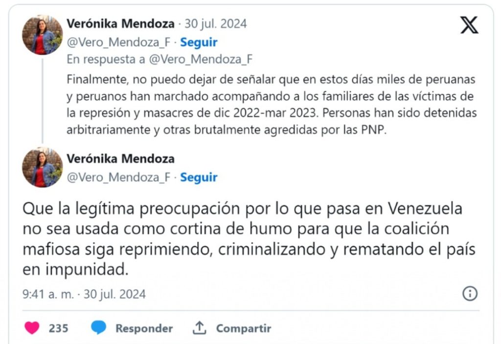 Verónika Mendoza no critica el fraude electoral en Venezuela y muestra una actitud favorable hacia el régimen de Nicolás Maduro