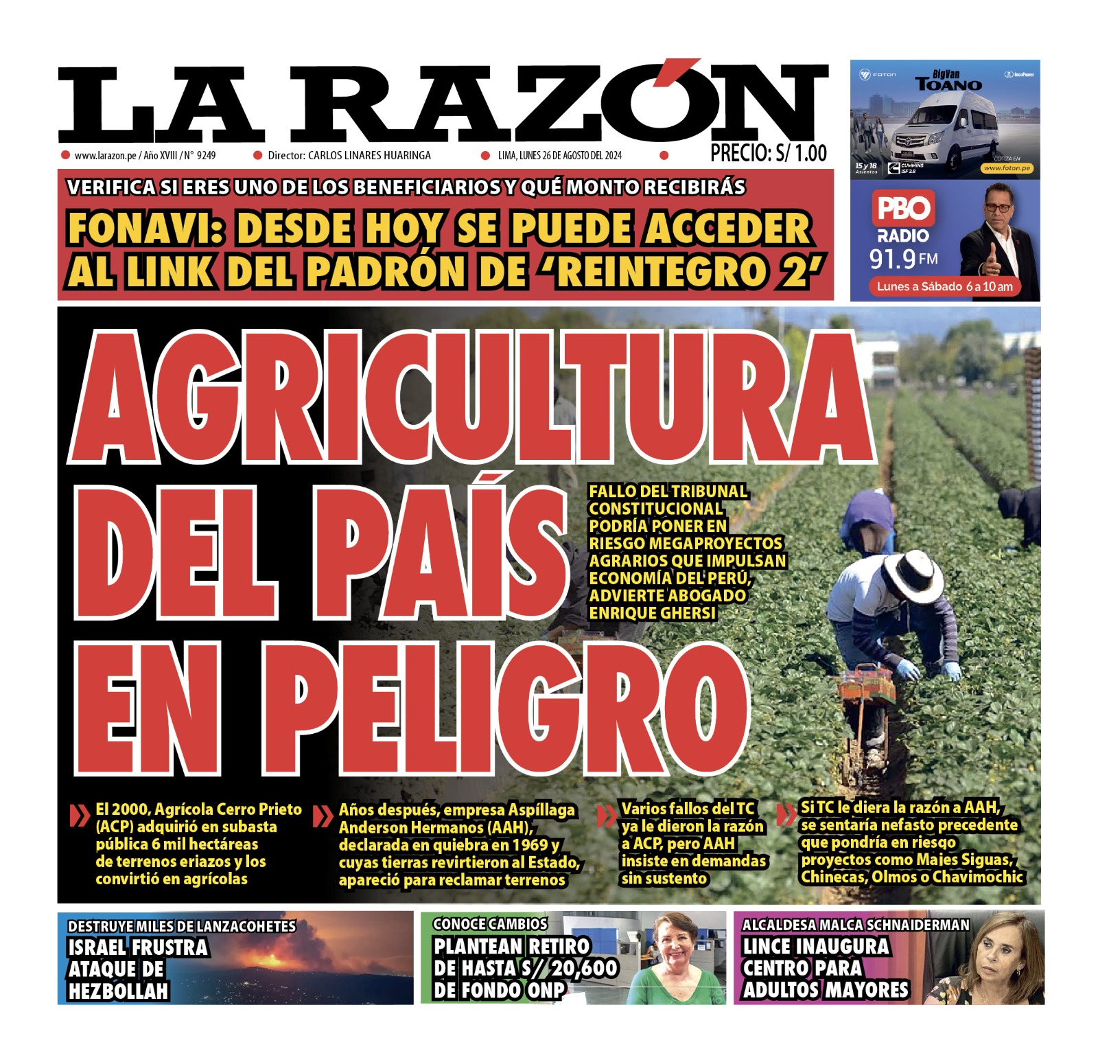 Portada Diario La Razón (26/08/2024)