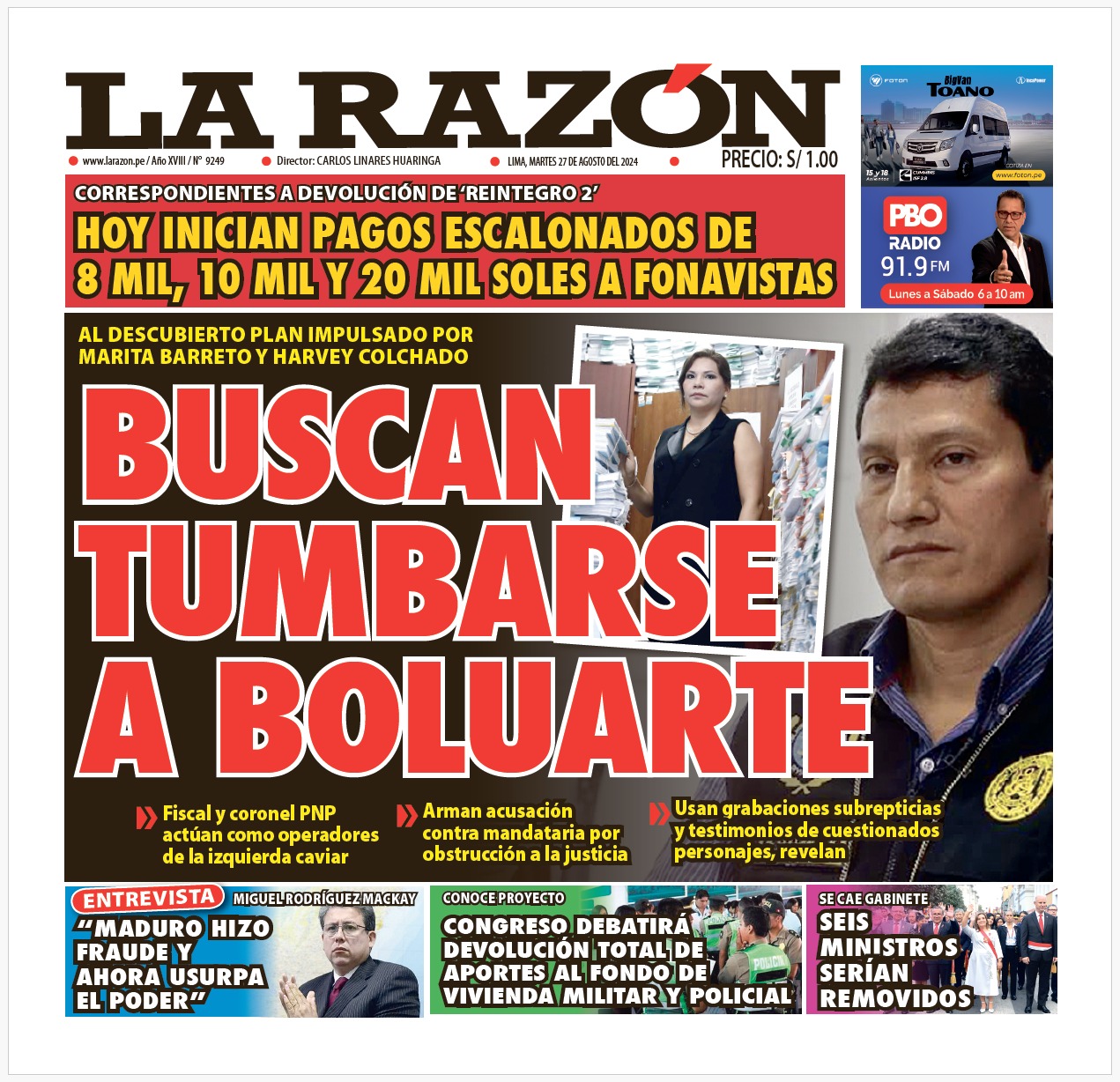 Portada Diario La Razón (27/08/2024)