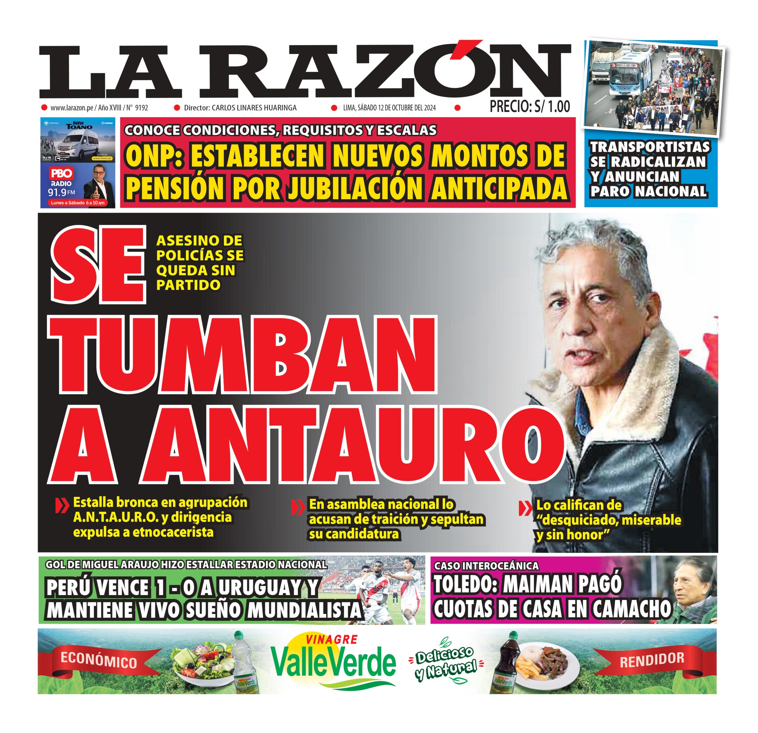 Portada Diario La Razón (12/10/2024)