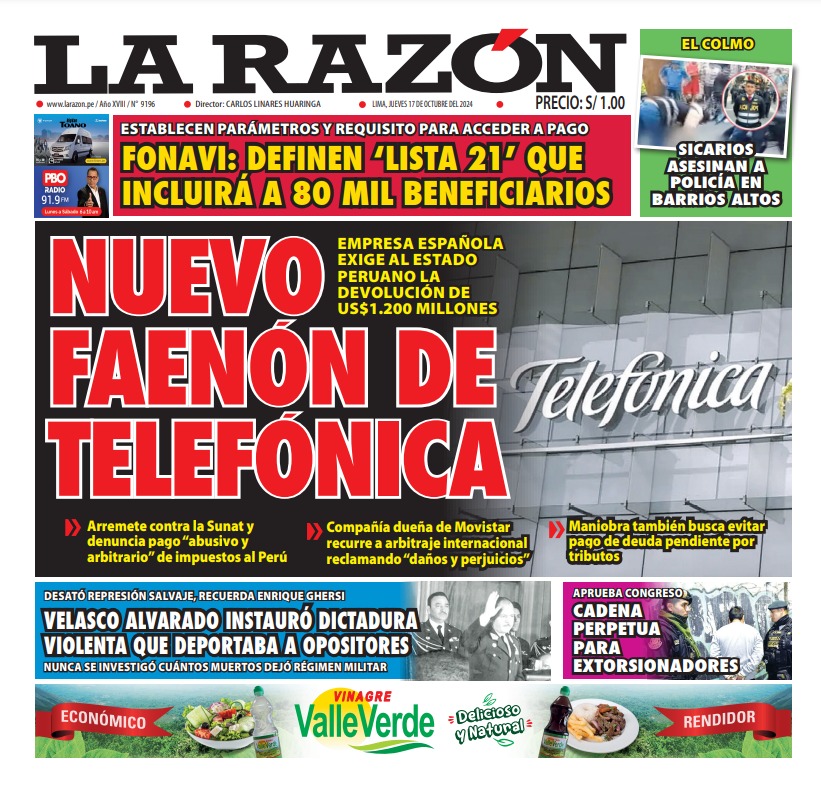 Portada Diario La Razón (17/10/2024)