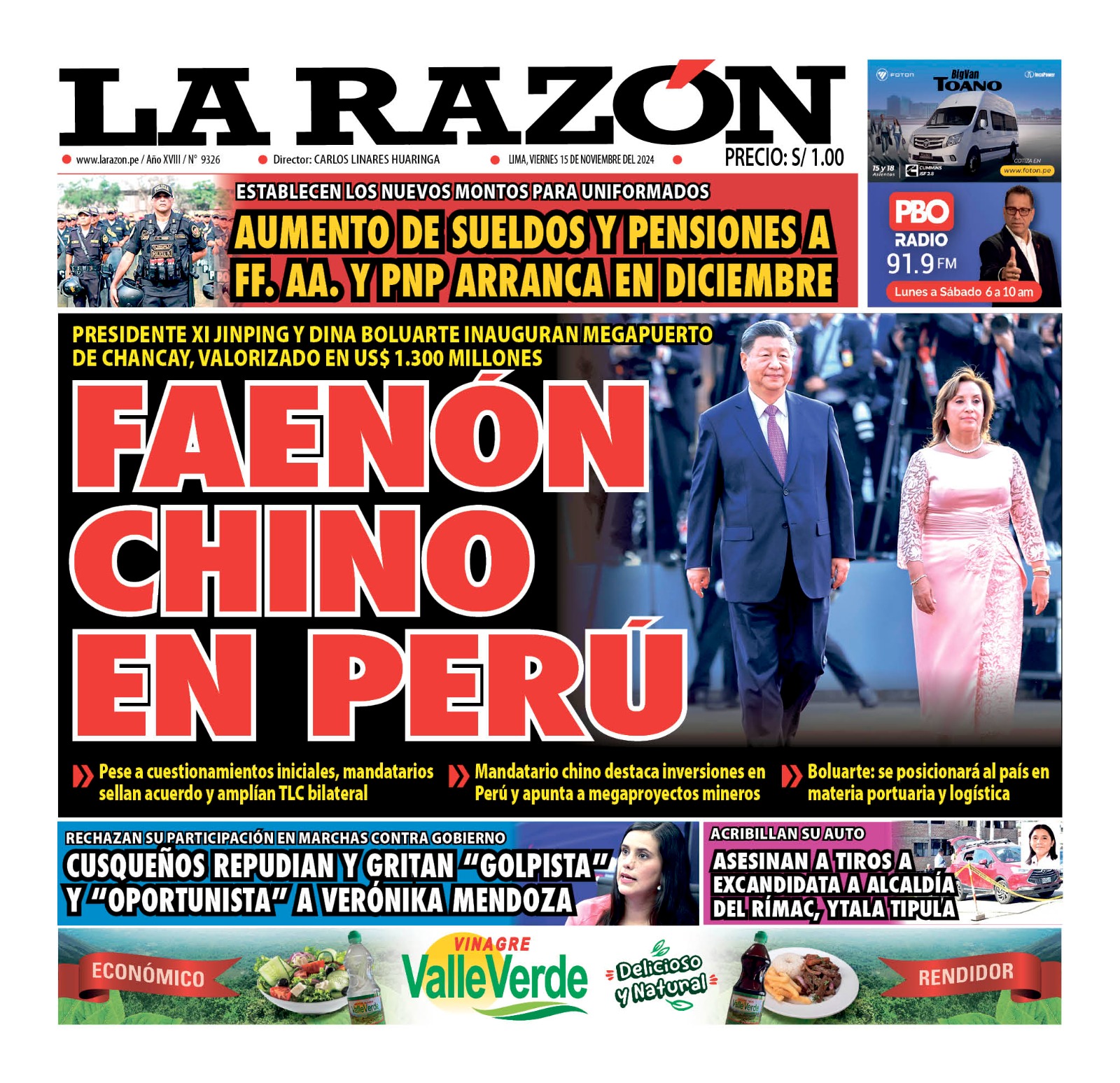 Portada Diario La Razón (15/11/2024)