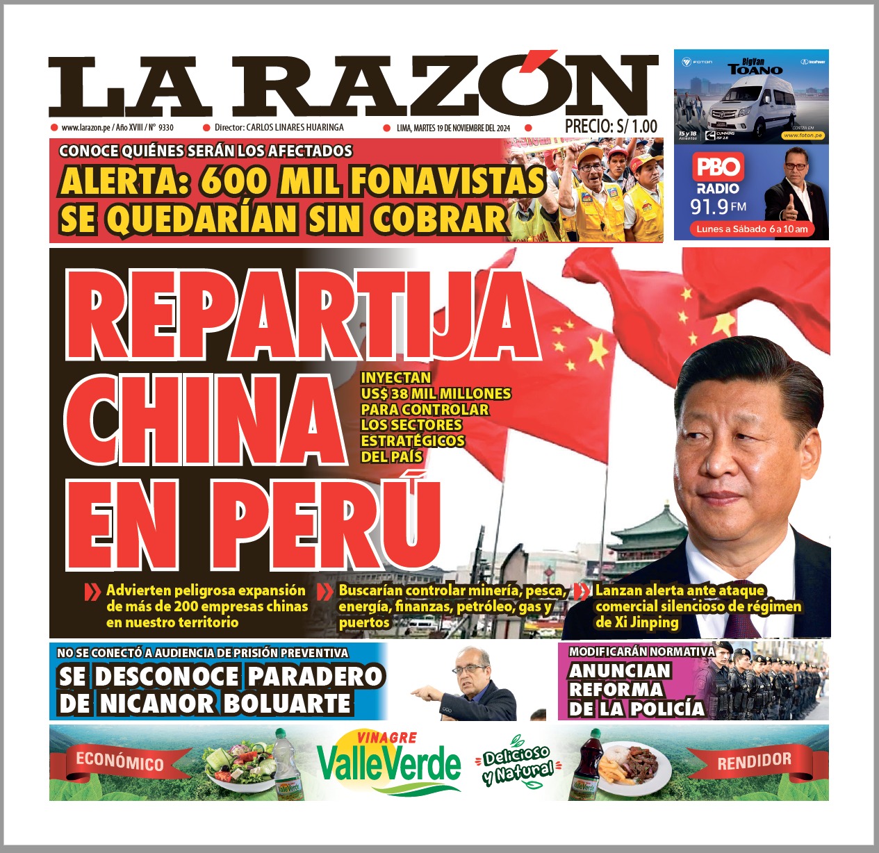 Portada Diario La Razón (19/11/2024)