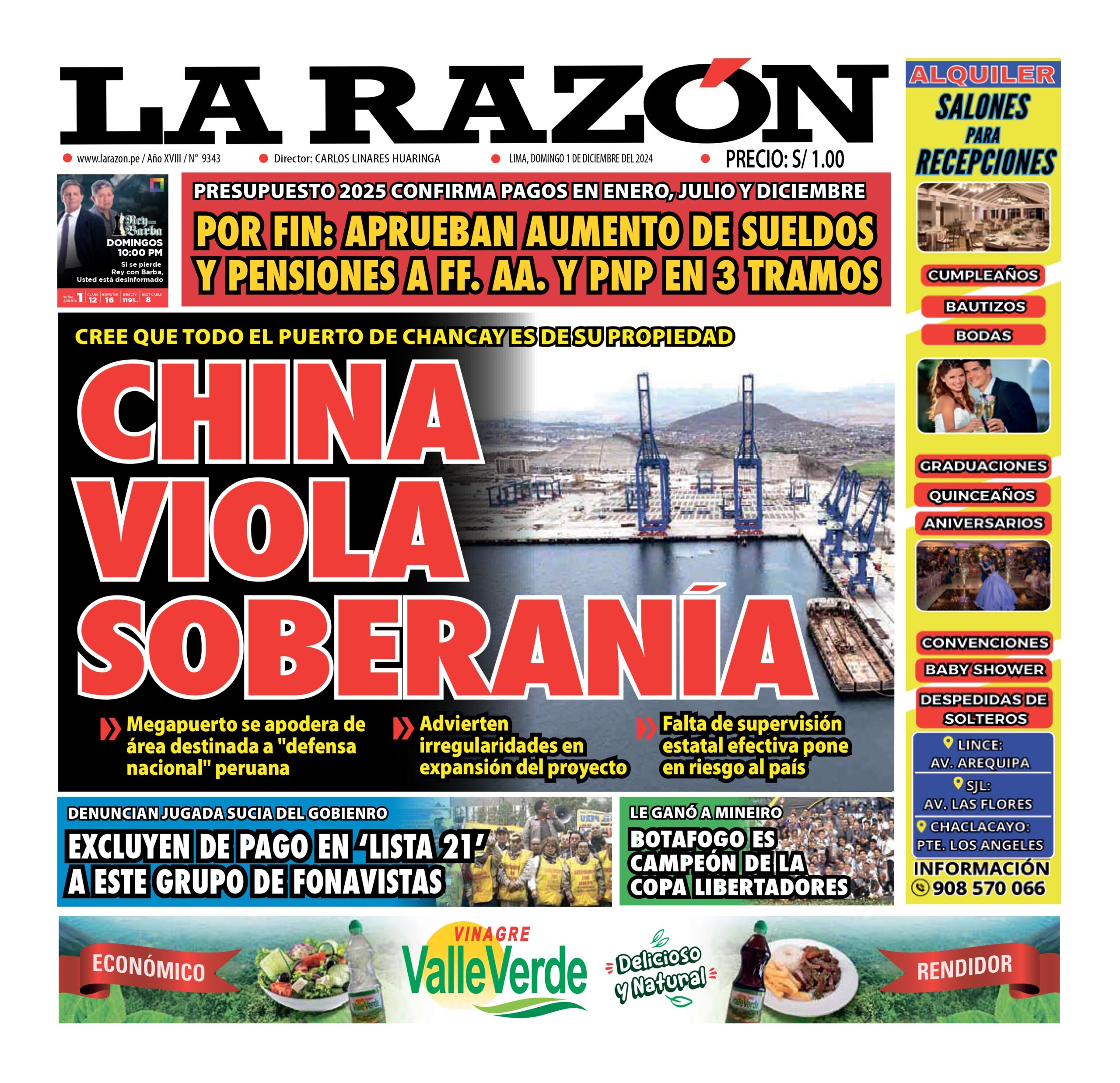 Portada Diario La Razón (01/12/2024)