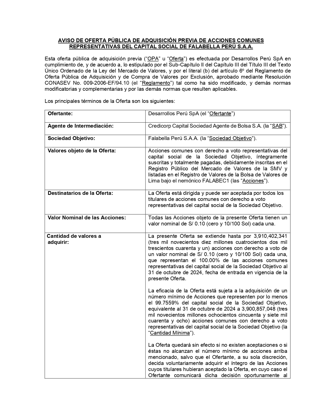 Aviso de oferta Lima 04 de noviembre del 2024