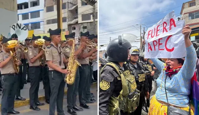 Banda de la PNP toca huaynos en protestas durante el Foro APEC 2024 en San Borja