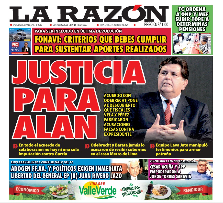 Portada Diario La Razón (23/12/2024)