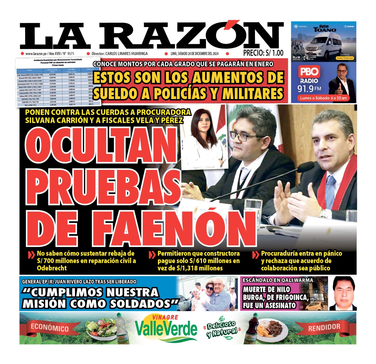 Portada Diario La Razón (28/12/2024)