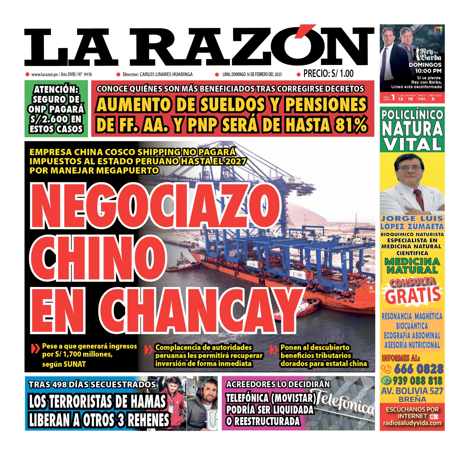 Portada Diario La Razón (16/02/2025)