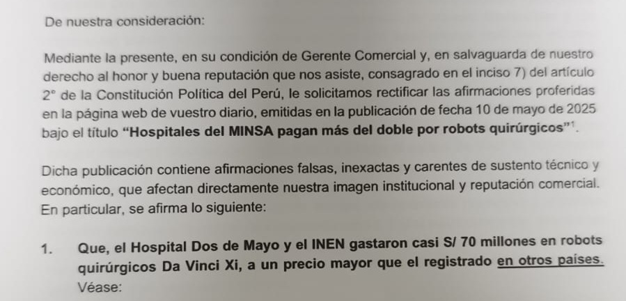 Carta notarial remitida por Álvarez Larrea Equipos Médicos – ALEM