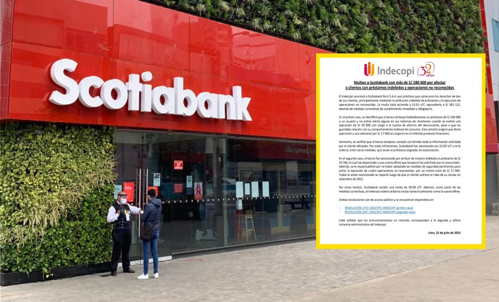 Indecopi multa a Scotiabank por operaciones no reconocidas