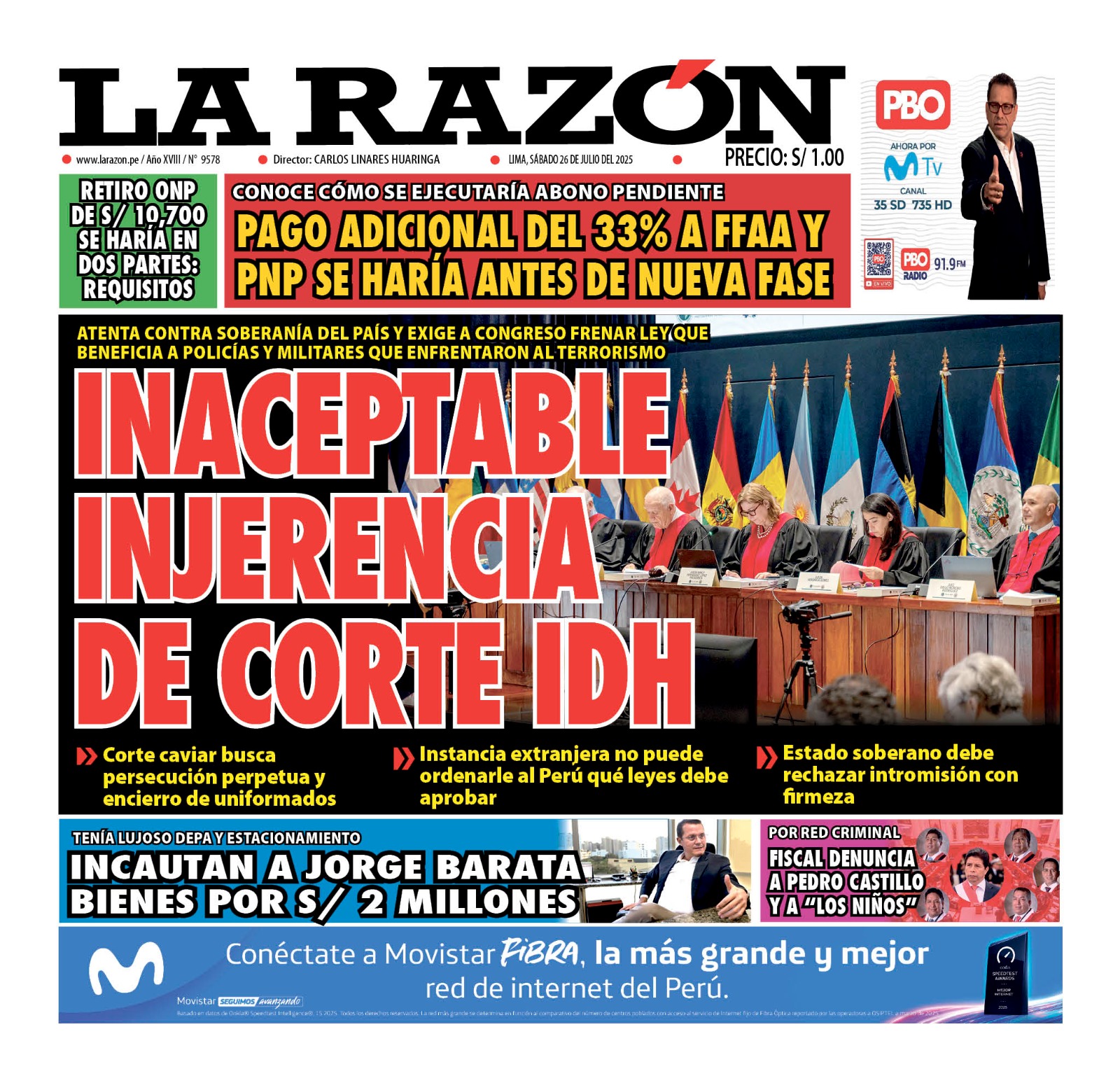 Portada Diario La Razón (26/07/2025)