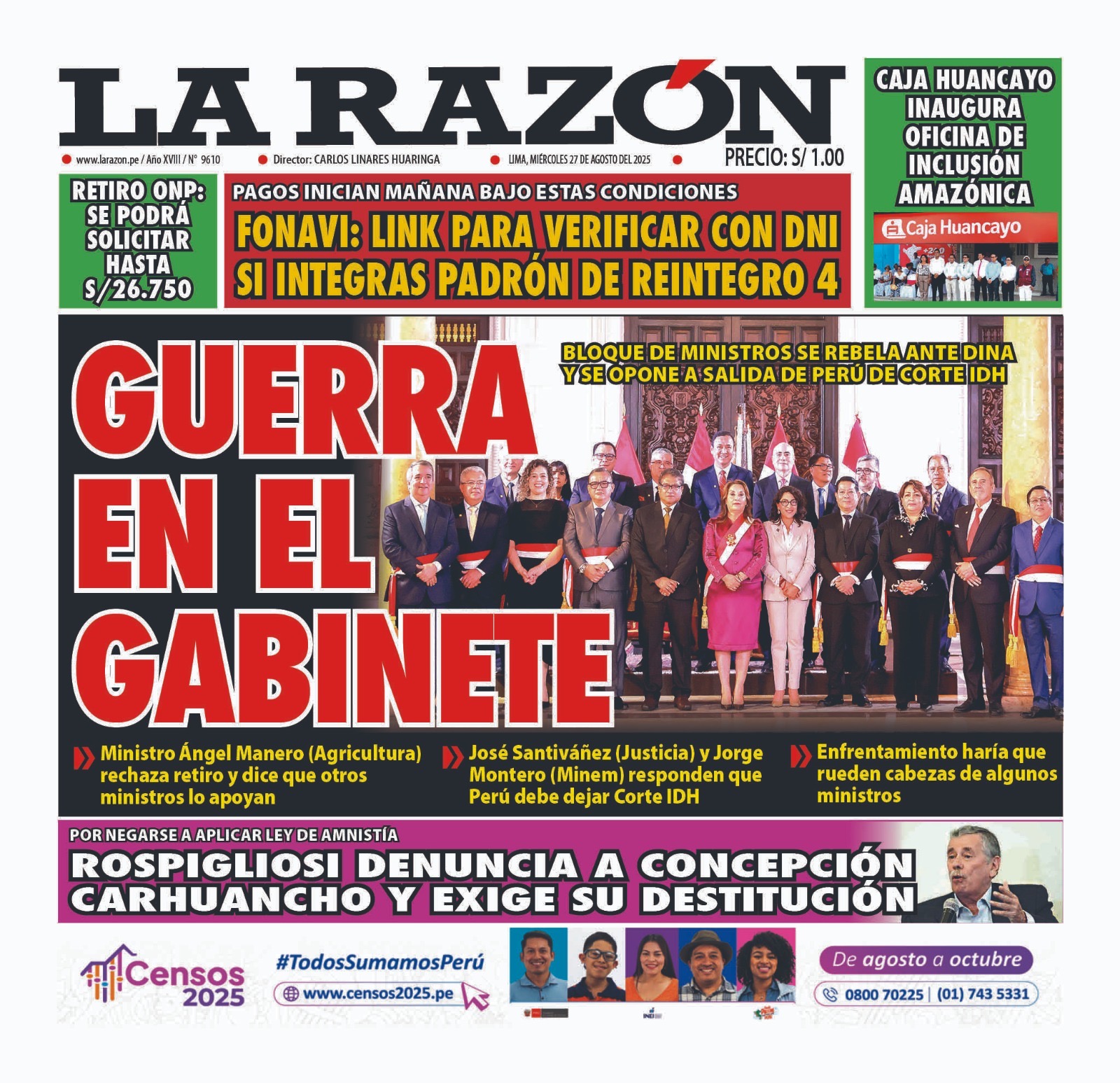 Portada Diario La Razón (27/08/2025)
