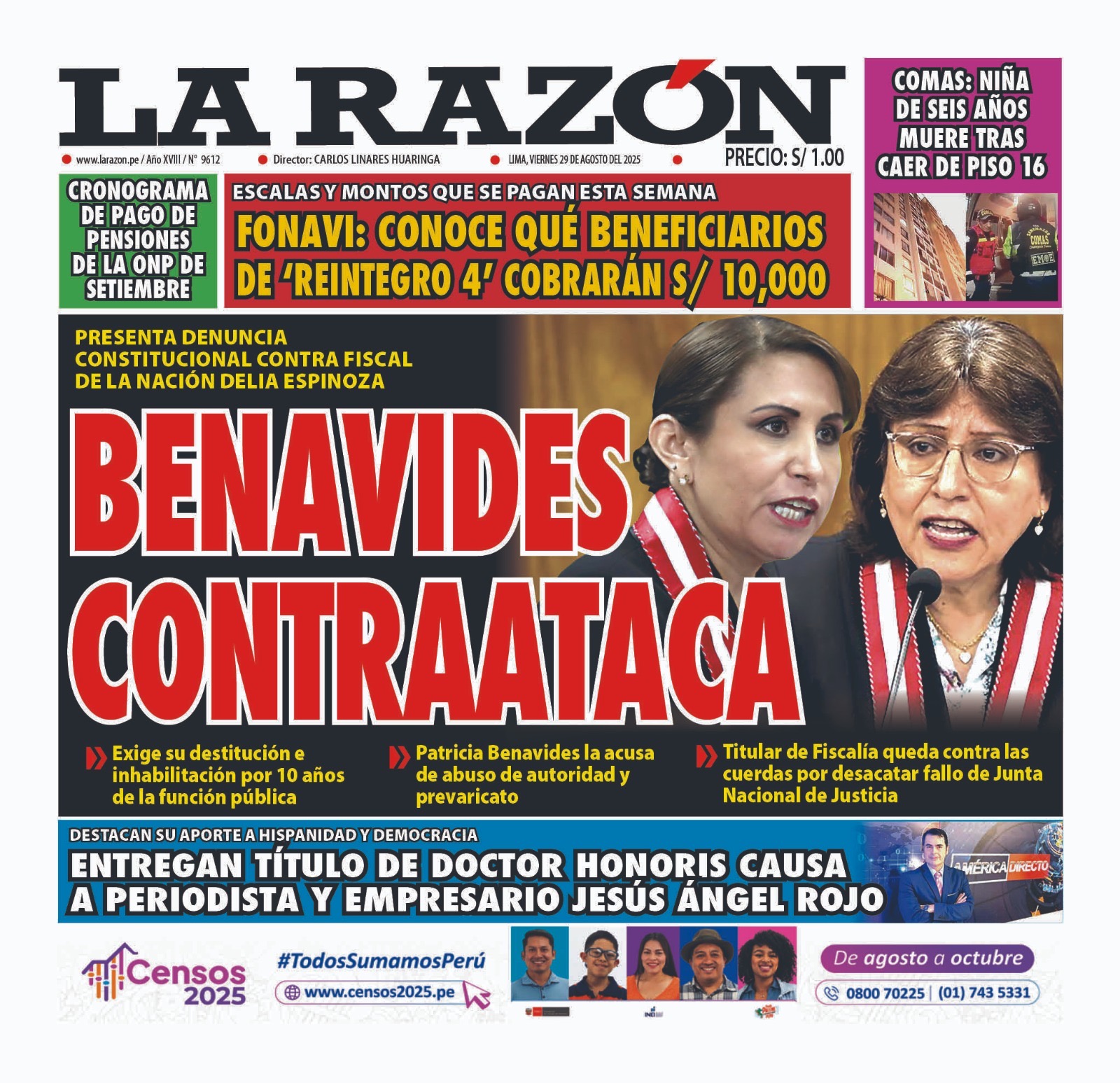 Portada Diario La Razón (29/08/2025)